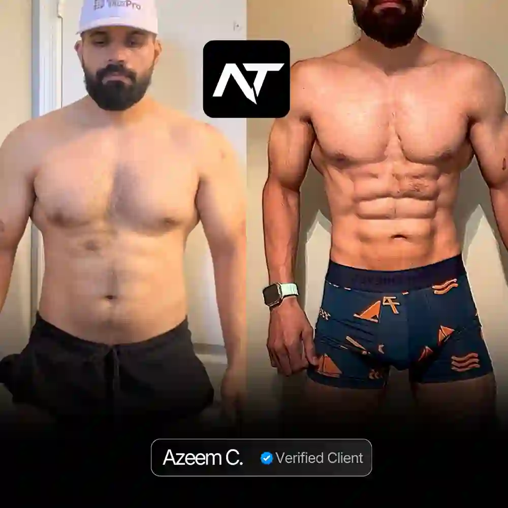 Azeem C. client transformation before and after Nicholas Trigili performance coaching, hormone optimization and biohacking protocols