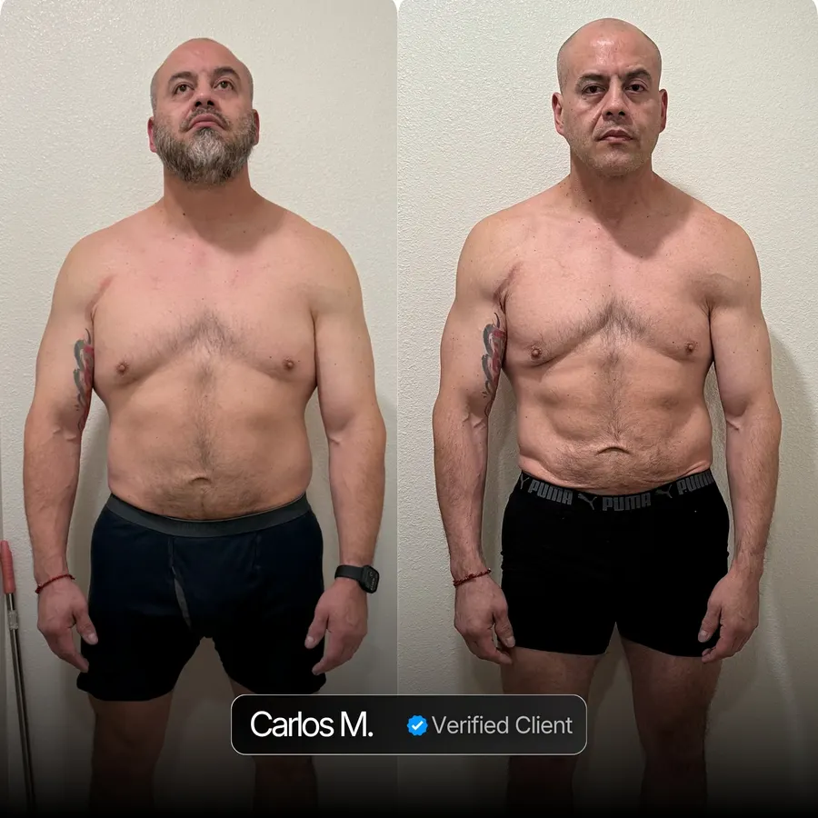 Carlos M. client transformation before and after Nicholas Trigili performance coaching, hormone optimization and biohacking protocols