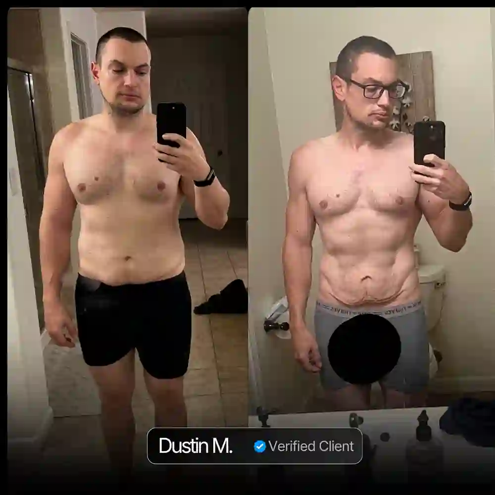 Dustin M. client transformation before and after Nicholas Trigili performance coaching, hormone optimization and biohacking protocols