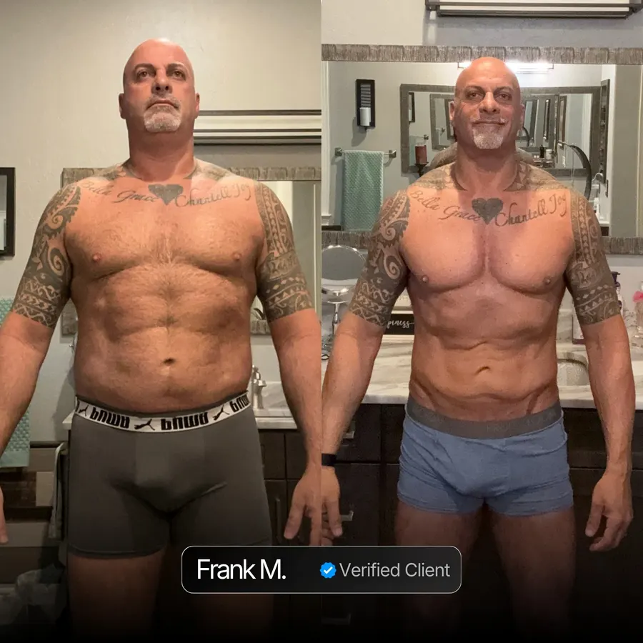 Frank M. client transformation before and after Nicholas Trigili performance coaching, hormone optimization and biohacking protocols