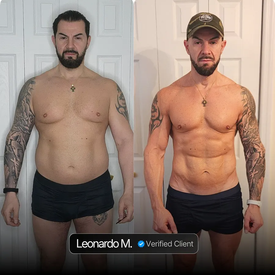 Leonardo M. client transformation before and after Nicholas Trigili performance coaching, hormone optimization and biohacking protocols