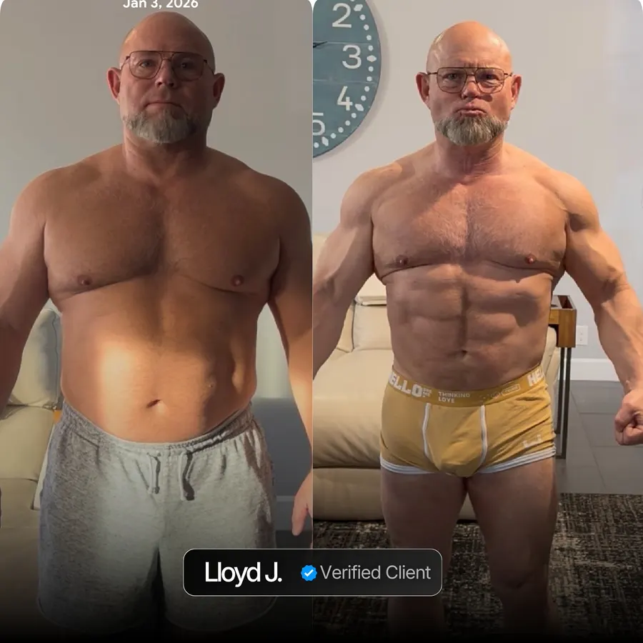 Lloyd J. client transformation before and after Nicholas Trigili performance coaching, hormone optimization and biohacking protocols