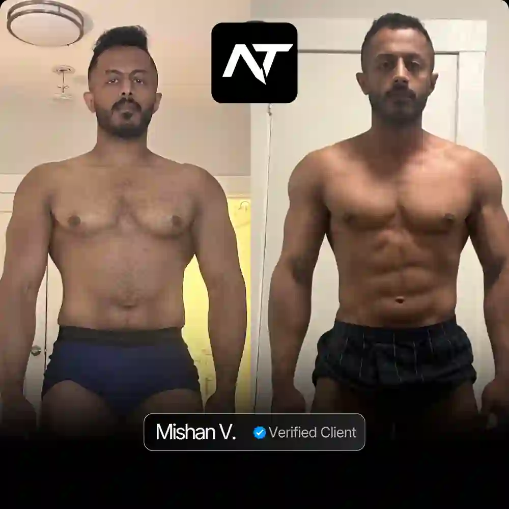 Mishan V. client transformation before and after Nicholas Trigili performance coaching, hormone optimization and biohacking protocols